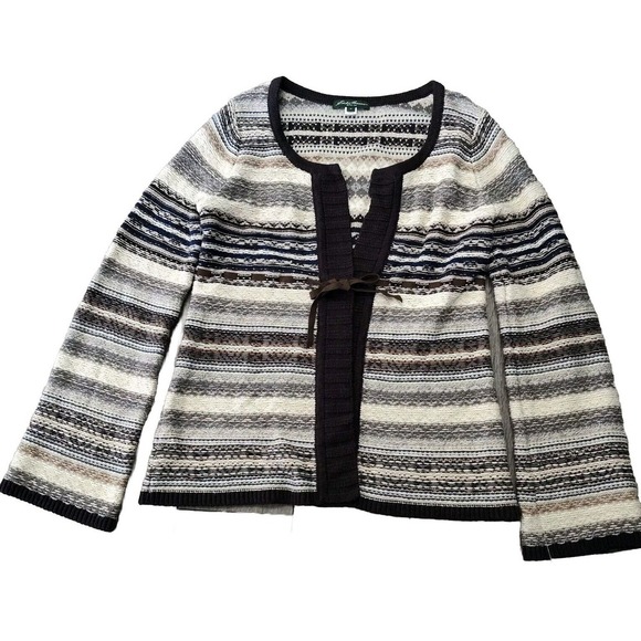 Eddie Bauer Cardigan Womens M Fair Isle Wool‎ Geometric Brown Sweater Striped - Picture 1 of 13
